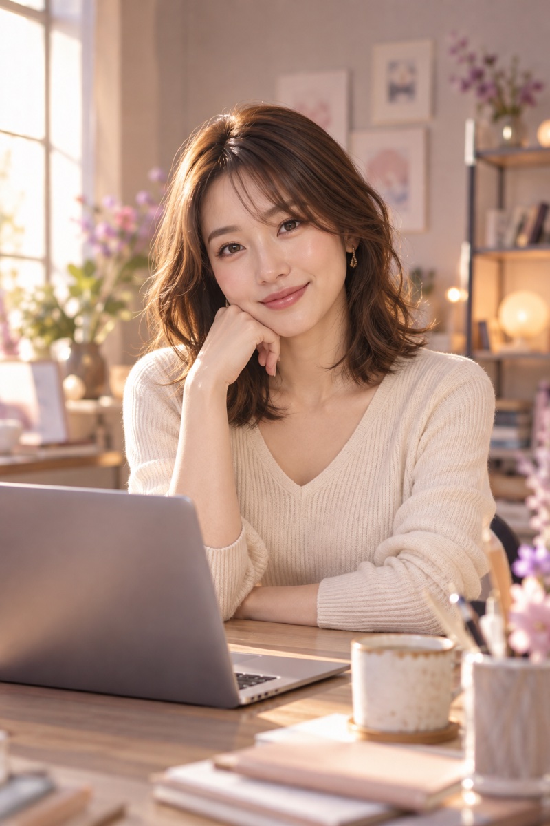 制作スタジオでノートパソコンを使う成人女性。AI生成イメージ。